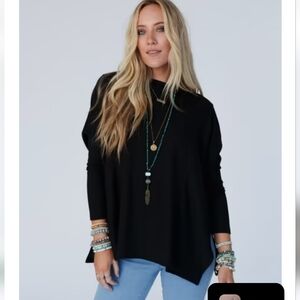 Three Bird Nest Small Black "Rosemary" Ribbed Contrast Long Sleeve Top
